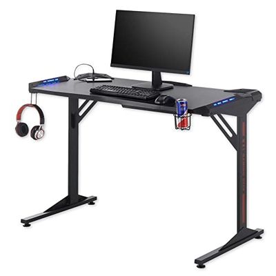 Stella Trading BC 3110 3110-Mesa para Videojuegos (Aspecto, iluminación LED, Puertos USB y Soporte para Bebidas), Color Negro, Black Carbon Look, 119 x 78 x 60 cm