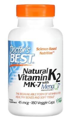 Doctor's Best Vitamine K2 MK7 Naturelle avec MenaQ7, 45mcg - 180 Gélules Végétales pour la Santé Osseuse et Cardiovasculaire