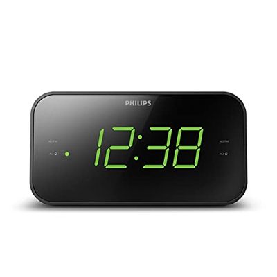 PHILIPS Sveglia con Radio e Display da Letto, Radio Digitale con Doppio Allarme, Sleep Timer e Funzione Snooze, Portatile con Batteria di Backup, Nero con Ampio Display, Nuova Versione