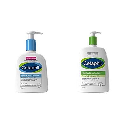 Cetaphil Dry/Sensitive Skincare Routine Bundle, with Moisturising Body Lotion 1L + Cleanser 473ml, Moisturiser with Avocado Oil and Vitamin E, Non-comedogenic