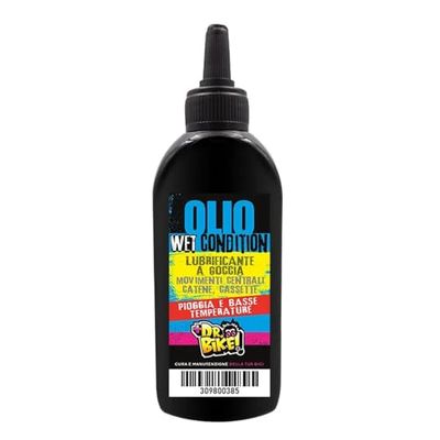 DR. BIKE Olio Wet Condition 125 ml. Lubrificante catena bici a goccia. Pulisci catena bici per clima umido, pioggia, basse temperature. Olio catena bici per movimenti centrali, catene, cassette.