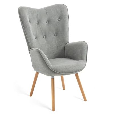 MEUBLE COSY Leunstoelen, relaxstoel, armleunstoel stoel, eenpersoonsbank met gestoffeerde en houten poten voor woonkamer slaapkamer kantoor Vanity, stof, grijs, 68x50x106cm