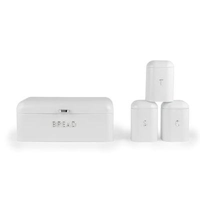 Salter Boston - Juego de 4 piezas para encimera, panera, té, azúcar, café, acabado brillante blanco hielo con letras en relieve, recipientes de almacenamiento, tarros de almacenamiento de acero
