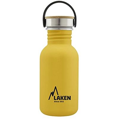 LAKEN Roestvrij stalen fles met schroefdop van staal en bamboe met brede opening, 500 ml, geel