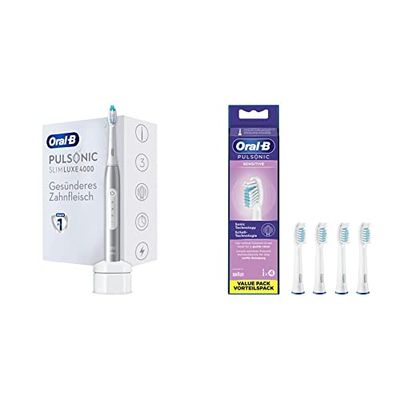 Oral-B, Pulsonic Slim Luxe 4000, spazzolino elettrico sonico per gengive più sane in 4 settimane & Oral-B Pulsonic - Set di 4 spazzolini morbidi, per spazzolini da denti sonici, 4 pezzi