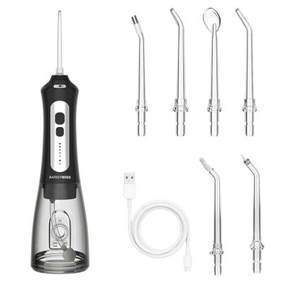 BarberBoss Idropulsore dentale senza fili per denti e gengive, irrigatore orale ricaricabile, 5 modalità di pulizia, 6 ugelli e display LED, kit filo interdentale impermeabile IPX7 (Nero)