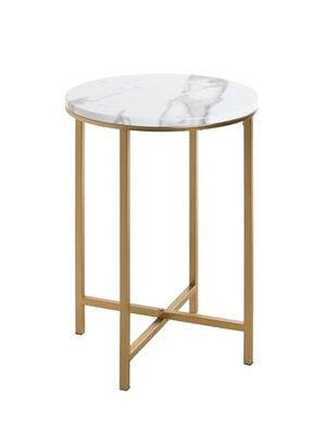 HAKU Möbel Sidobord guld, marmorutseende, MDF, metall - Storlek: H 53 cm x Ø 39 cm, Stil: Art déco