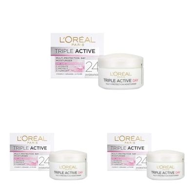 L'Oreal Skin Expert L'Oreal Paris Triple Active Day Moisturiser Dry and Sensitive Skin 50 ml, mix, (Pack of 3)