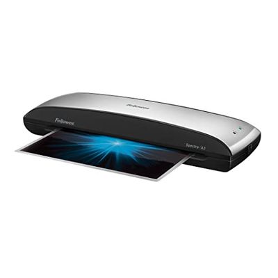 Fellowes Spectra A3 - Plastificadora de documentos, 80-125 micras, para uso ocasional, libre de atascos, color negro y plateado, 10 fundas de plastificar gratis