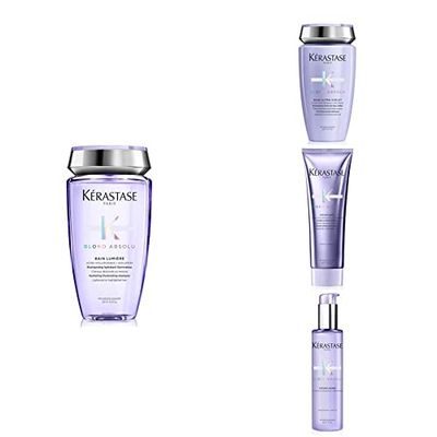 Kérastase Blond Absolu, Hydrating Illuminating Shampoo + Anti-Brass Purple Shampoo + Repairing, Nourishing Conditioner + Fortifying Heat Protecting Serum