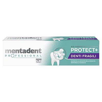Mentadent Professional Dentífrico Protect+ Dientes frágiles, Aumenta la Densidad Mineral del Esmalte, Fortalece las Encías, con Minerales Bio-compatibles y con Vitamina E, 75 ml
