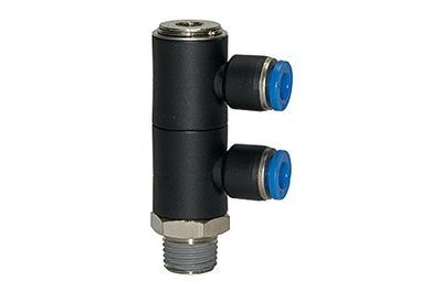 L-meervoudige verdeler »Blaue serie«, 2-voudig, draaibaar, R 1/4 a., voor slot buiten-Ø 8 mm, werkdr. Maximale 15 bar, kunststof/MS vern.
