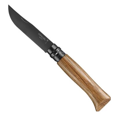 Opinel - N°08 Cuchillo Plegable - Hoja de Acero Inoxidable con Acabado Negro - Mango de Roble - Corte Perfecto, Mantenimiento Sencillo - Anillo de Seguridad Virobloc - Fabricación en Francia