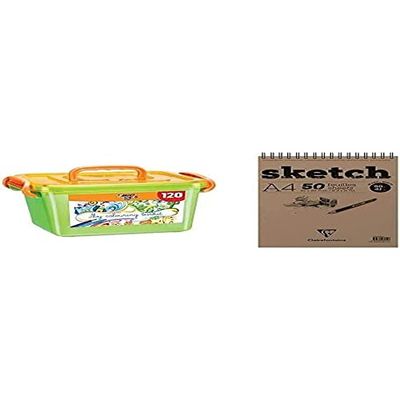 Bic Kids Colouring Set - Large Box with 120 Colouring Pencils and Felt Pens for Kids in Assorted, Vibrant Colours - Includes Storage Box + Clairefontaine 96904C White Sketch Pad, 90 g, A4, 50 Sheets