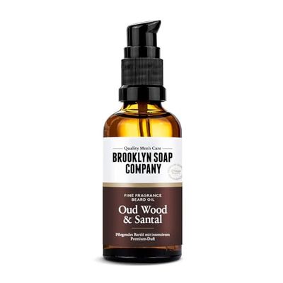 Brooklyn Soap Company Olio per barba da 50 ml Oud Wood & Santal – Olio nutriente per barba da uomo – per la cura quotidiana della barba – Beard Oil da viaggio ideale come regalo per uomini