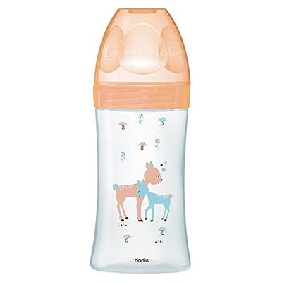 Dodie Sensation + Biberão, anticólico, de vidro, 270 ml, 0 a 6 meses de idade, com tetina plana e fluxo 2, cerva, bege