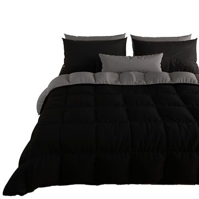 PETTI Artigiani Italiani - Couette Chaude Hiver 160x260 Bicolore NoirGris Foncé, Couette Double Face, Couette pour lit 1 Personnes, Couette en Microfibre 300g/m², Made in Italy