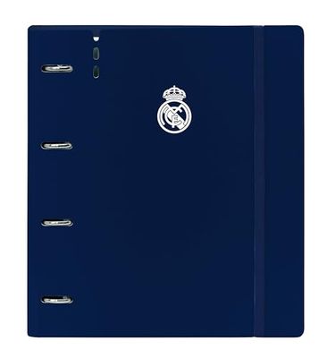 Real Madrid 1ère équipe 24/25 - Classeur avec 4 anneaux de 35 mm, avec recharge, avec 100 feuilles A4, idéal pour enfants de différents âges, confortable et polyvalent, 27 x 4 x 32 cm Blanc/gris,