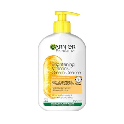 Garnier Vitamin C Brightening Cream Cleanser, Removes Make-up and Impurities, Hydrates and Brightens for Even Glowing Skin, for Dull and Uneven Skin, Dermatologically Tested, Cruelty free, 250ml