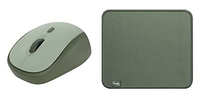 Trust Yvi+ Mouse Wireless Silenzioso, Design Sostenibile, 800-1600 DPI, per Mano Sinistra e Destra, Microricevitore USB + Boye Tappetino, Materiali Riciclati, Fondo Antiscivolo, 250 x 210 mm - Verde