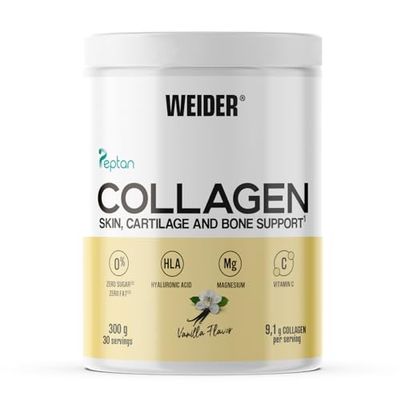 Weider Collagen (300g) Goût Vanille. Peptides de Collagène Hydrolysé type I en Poudre 100% Peptan avec Acide Hyaluronique, Magnésium, Vitamine C, Sans Sucre, Pour Peau, Cartilage, Os et Cheveux