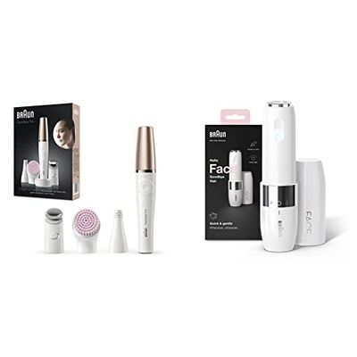 Braun FaceSpa Face Epilator with Facial Cleansing Brush Head, SE912, White/Bronze & Braun Face Mini Hair Remover, Facial Hair Remover for Women, FS1000, White