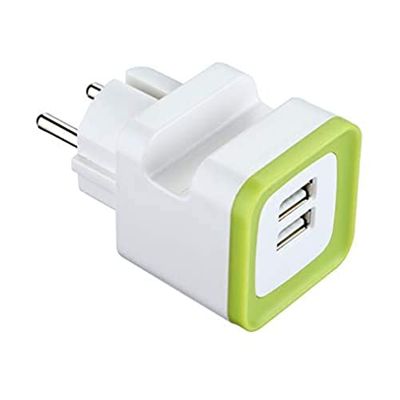 Electraline GummyLine mini-adapter, met inkeping voor telefoondock, 2 USB-poorten, 2,4 A, USB-voedingsadapter, dock chargen, Wit / Groen