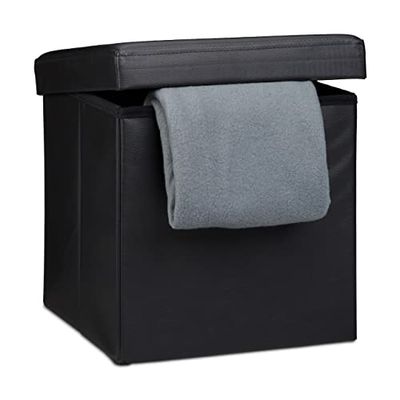 Relaxdays Pouf pliant Chaise de rangement robuste et repose-pieds pratique, boîte de rangement en similicuir avec couvercle amovible,38 x 38 x 38 cm, noir