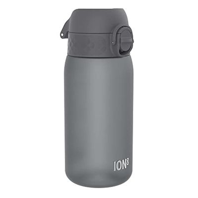 Ion8 Kids Water Bottle, 350 ml/12 oz, Leak Proof, Easy to Open, Secure Lock, Dishwasher Safe, BPA Free, Carry Handle, Hygienic Flip Cover, Easy Clean, Odour Free, Carbon Neutral, Grey
