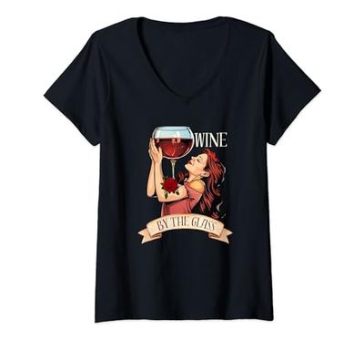 Mujer Estilo Vintage Amante Del Vino Retro Mujer Sosteniendo Copa De Vino Camiseta Cuello V