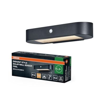 OSRAM ENDURA Style Oval applique solare, luce bianca calda (3000K), sensore integrato, senza alimentazione, lunga durata della batteria: 30 accensioni da 60 secondi in modalità PIR, IP44, nero