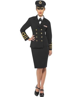 Smiffys Navy Officer Costume, Black with Jacket, Skirt, Mock Shirt & Hat, Land, Sea and Air Forces Fancy Dress, Adult Dress Up Costumes