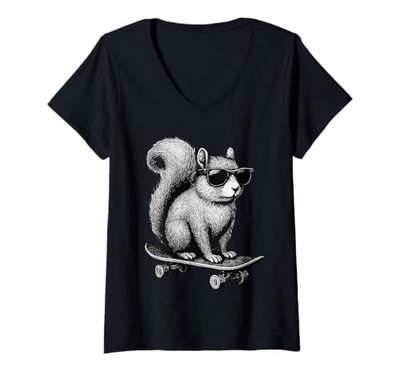 Donna Skateboarder Scoiattolo con Occhiali da Sole Animal Skater Graphic Maglietta con Collo a V