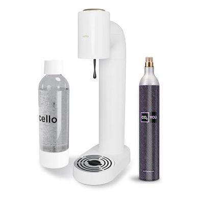 Cello Sparkling Water And Soda Maker Machine, In White With 1 Litre Reusable BPA-Free Water Bottle For Carbonating & 60 Litre Co2 Gas Cylinder No Electricty Required Sparkling Water Maker