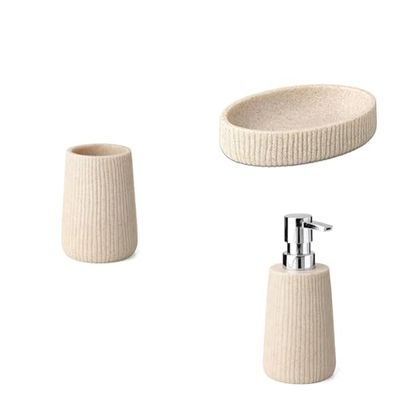 TATAY Saigon Tabletop Tumbler, Beige + Saigon Tabletop Soap Dish, Beige + Saigon Tabletop Dispenser, Beige