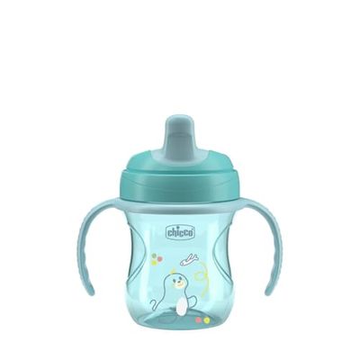 Chicco Training Cup, Drip Free Plastic Training Cup for a Child, Learning to Drink, Ergonomic Semi-Soft Spout, Valve and Removable Handles, 6+ Months, BPA Free, Azure