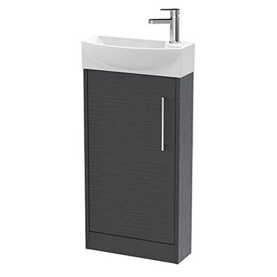 Hudson Reed JNU2221L Juno Compact Modern Cloakroom Floor Standing 1-Door Unit with 1 Tap Hole Left Hand Basin, 440mm, Woodgrain Graphite Grey