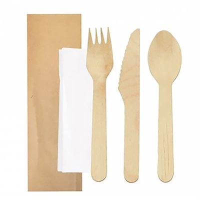 García de Pou 100 Unités - Set 4/1 Fourchette, Couteau, Cuillère, Serviette 'Makan' 16 cm Naturel Bois