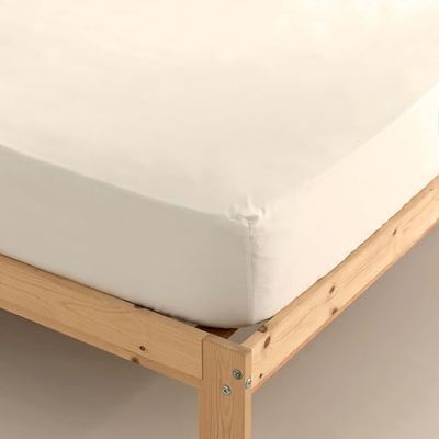 BELUM | Drap Housse en Satin 100% Coton 300 Fils Lit de 180 cm – Dimensions du Produit : 180 x 200 cm + 35 cm Soufflet Modèle : Naturel | Drap-Housse en Satin Toucher Extra Doux et agréable