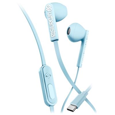 Urbanista Wired Earbuds, Tangle Free USB C Earphones Wired Call-Handling with Microphone, USB Type C Headphones Wired Stereo Input, Button Input with Voice Assistant, San Francisco, Blue