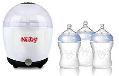 Nuby NTVP39 Förångare/Sterilisator för 5 flaskor och tillbehör inklusive 3 st. PP-flaska, 240 ml, vit