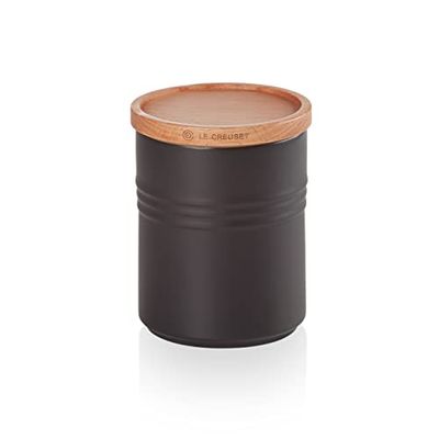 Le Creuset Middelgrote voorraadpot van aardewerk met houten deksel, aardewerk, 540 ml, 10 cm, Mat Zwart