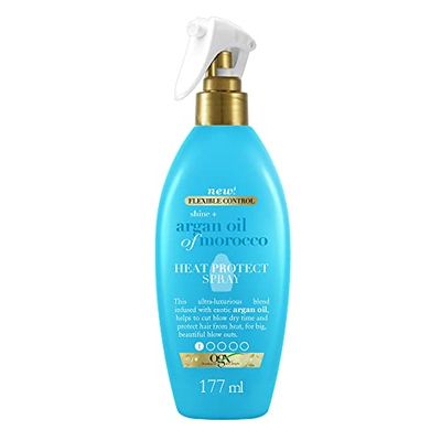 OGX Shine Argan Oil of Morocco Spray Heat Protect (177 ml) protetor térmico para o cabelo com óleo de argão de Marrocos, protetor de calor até 230 °C, tratamento hidratante para o cabelo