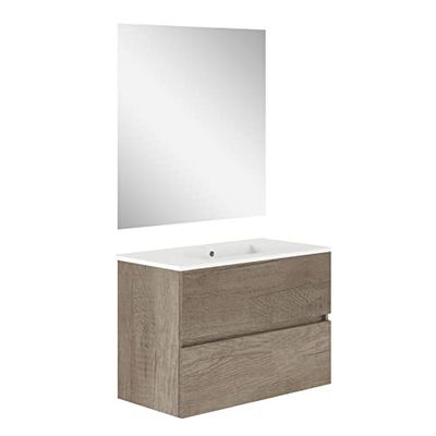 Baikal, Conjunto de baño Natura. Mueble de Baño de Fondo Reducido, con Lavabo cerámico. Distribución Dos Cajones. Mueble MONTADO. Dos Cajones con Espejo. Fondo 39cm 80 cm Nebraska