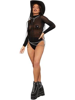 Fever Long Sleeve Striped Bodysuit, Black