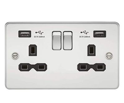 Enchufe conmutado 13A 2G con cargador USB dual A + A (2,4 A), cromo pulido con inserto negro