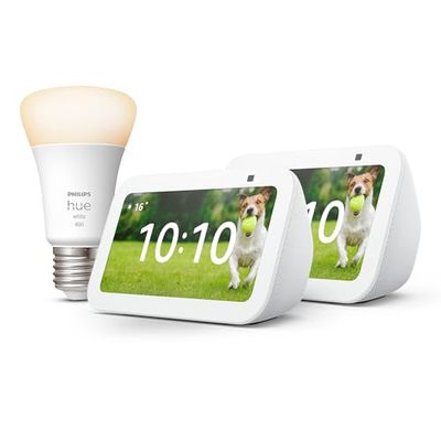Echo Show 5 (3ª generazione) | Bianco, 2 pezzi + Philips Hue White Lampadina LED Smart (E27), compatibile con Alexa - Kit di base per Casa Intelligente
