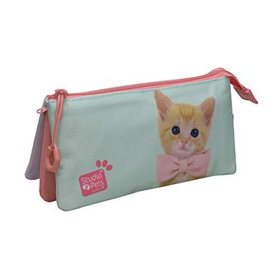 Studio Pets – Triple Cat Pencil Case, Various Compartments, Multicoloured, Official Product (CyP Brands), Pink, Modern