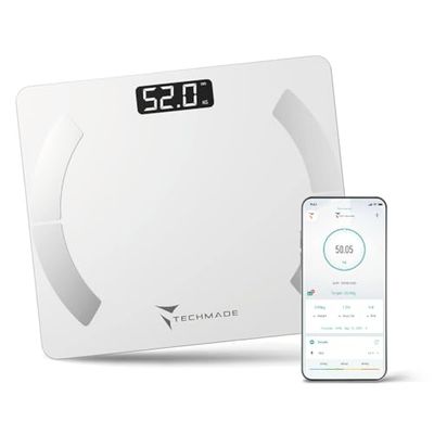 Bilancia Pesa Persona Digitale Bilancia Impedenziometrica Intelligente Wireless per IOS e Android con Indici di Misurazione Massa Grassa, Massa Magra e Metabolismo Basale Colore Bianco