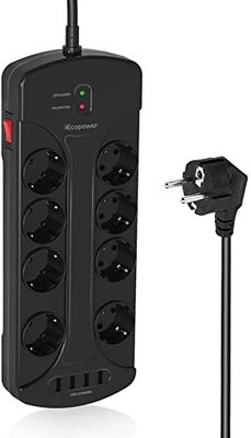 iEcopower Regleta de 8 enchufes con protección contra sobretensiones con 4 puertos USB, 3680 W/16 A, 1050 julios, montaje en pared, protección contra sobretensiones con cable alargador de 1,5 m, color